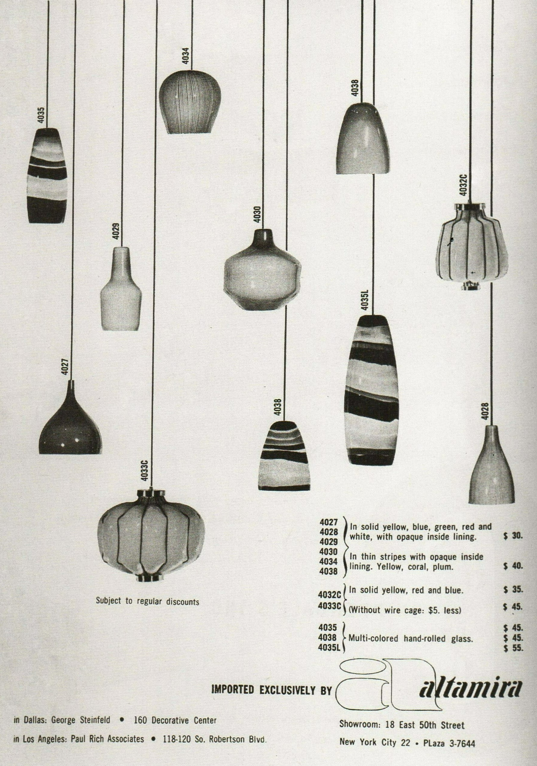 Lamps in opaline glass in an advertising page of Altamira, the American Venini retailer, August 1955