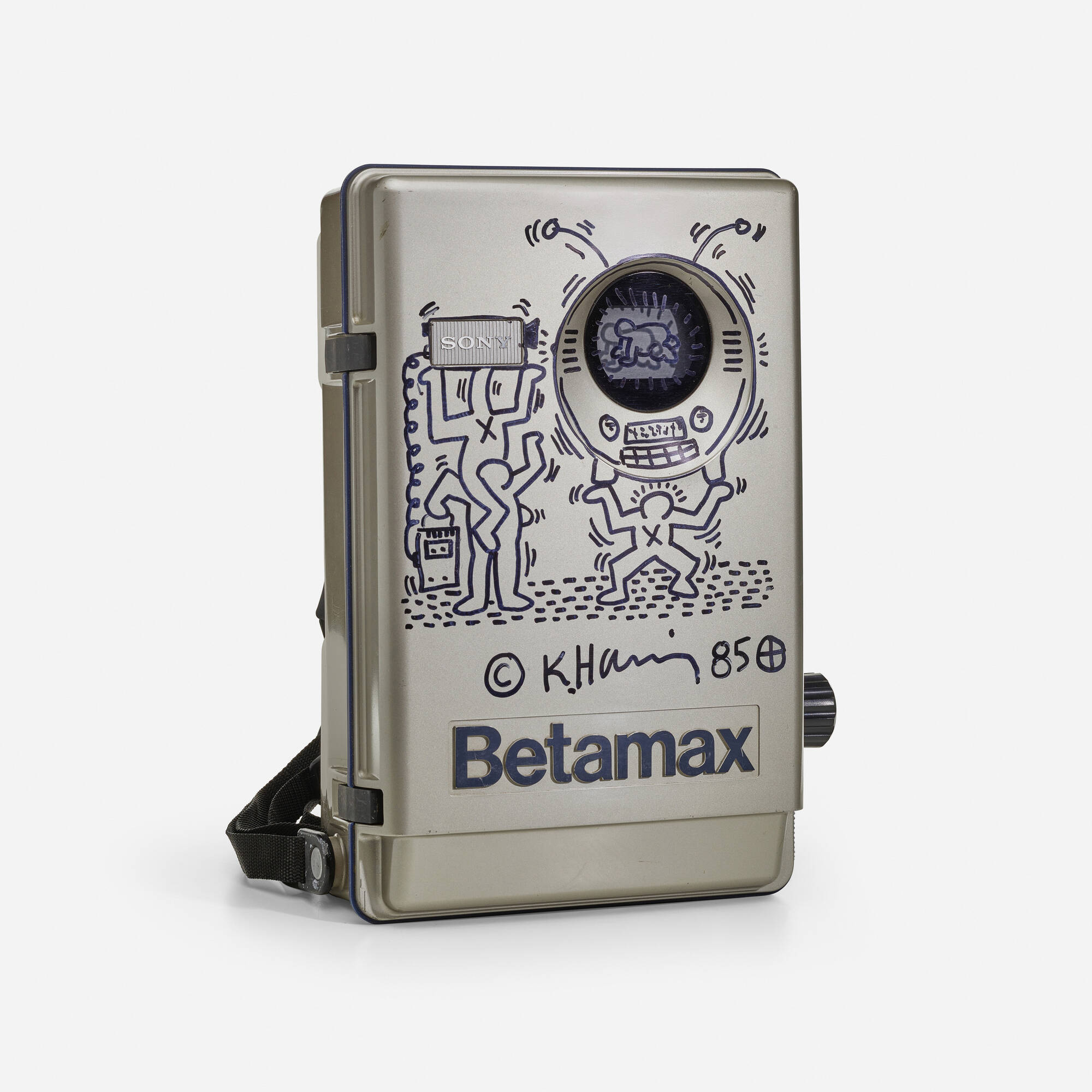 129: KEITH HARING, Sony Betamax backpack with original drawing 