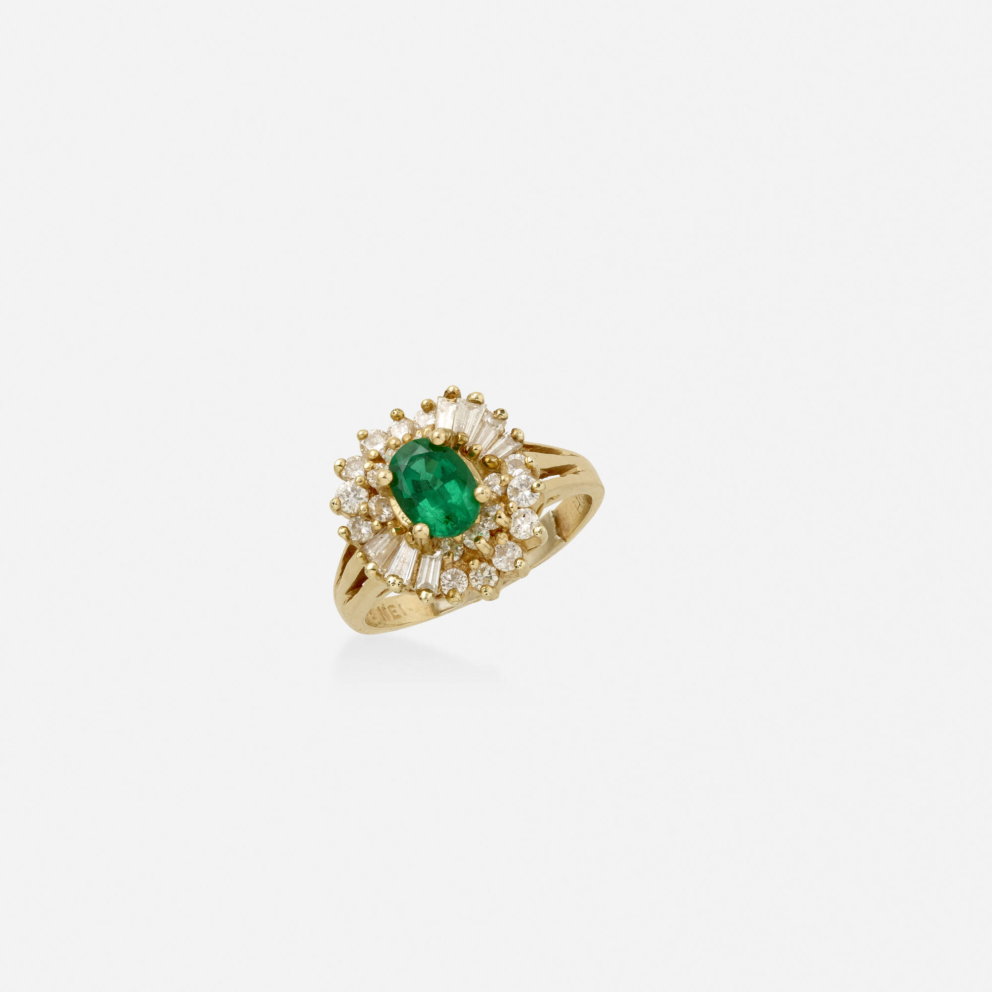 356: Emerald, diamond, and gold ballerina ring