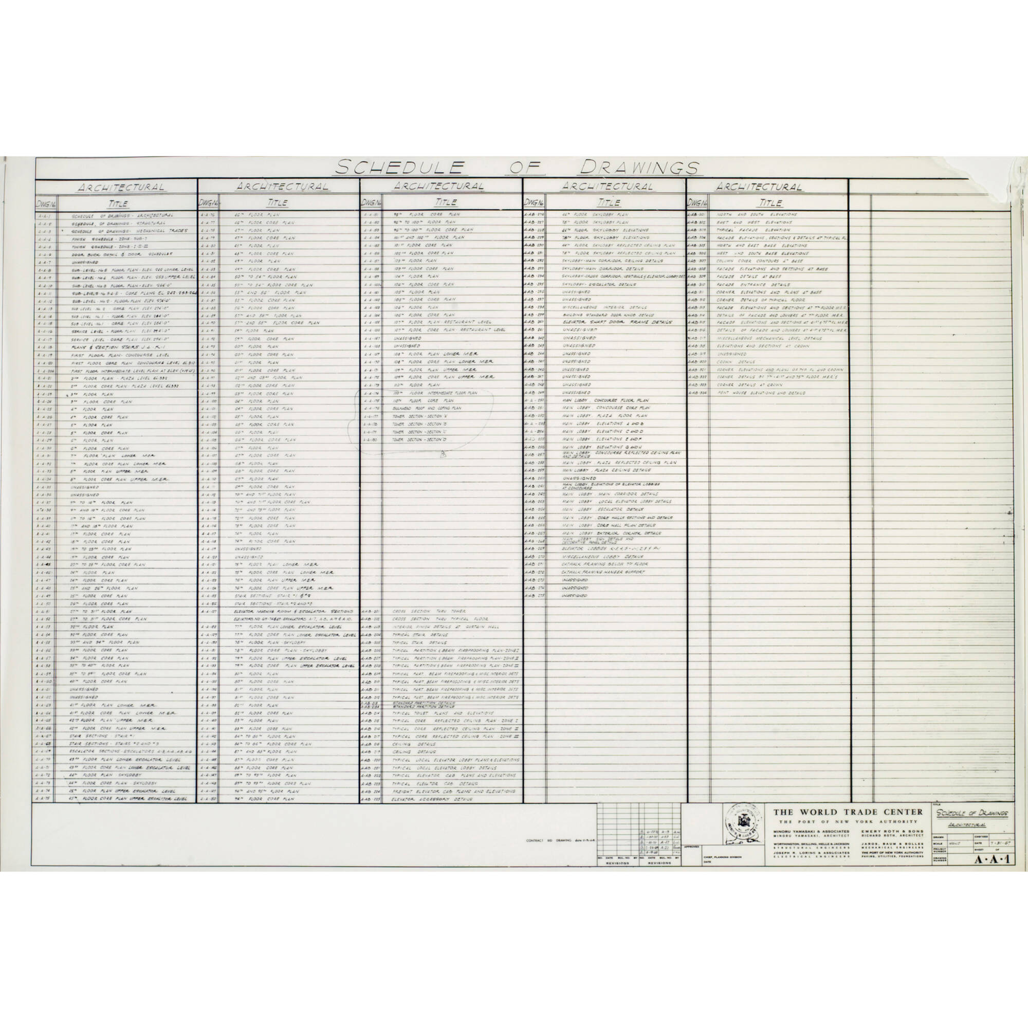 480 Minoru Yamasaki 38 Associates World Trade Center North Tower Title Page And Schedules Important Design 8 December 09 Auctions Wright Auctions Of Art And Design